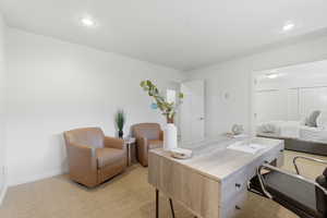 Office area with light colored carpet and recessed lighting