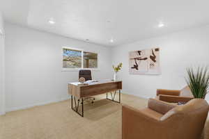 Home office with light carpet and recessed lighting