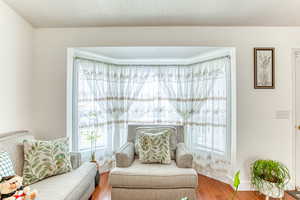 Living area featuring wood finished floors, plenty of natural light, and a textured ceiling