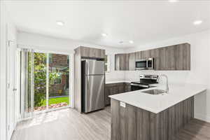Kitchen with stainless steel appliances, a peninsula, modern cabinets, light stone countertops, and light wood-type flooring
