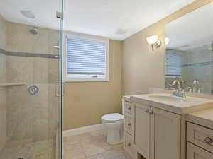 Full bath featuring vanity and a stall shower-- main floor bathroom