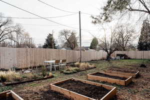 Fenced backyard featuring a vegetable garden