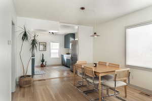 Dining space featuring light wood floors