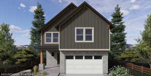 View of front of property with stone siding, board and batten siding, an attached garage, and driveway