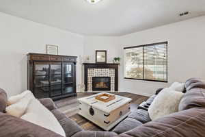 Living room featuring dark wood-type flooring and a fireplace