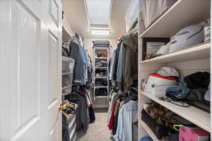 Walk in closet with light colored carpet