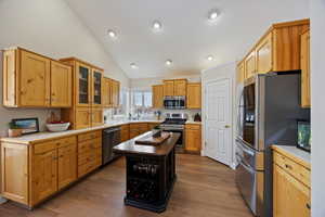 Kitchen with stainless steel appliances, light countertops, glass fronted cabinets, vaulted ceiling, and a kitchen island