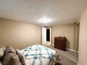 Bedroom with light carpet and a textured ceiling