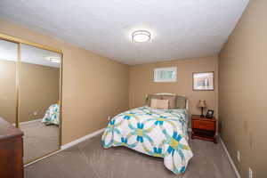 Bedroom featuring a closet, light colored carpet, and a textured ceiling