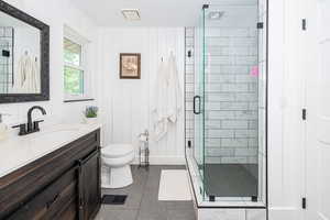 Primary Bathroom featuring a shower stall, vanity, wooden walls, and dark tile patterned floors