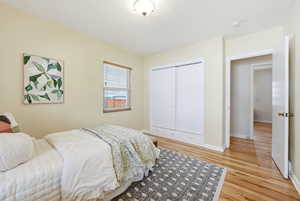 Bedroom featuring light wood-style flooring and a closet