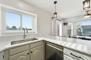 Kitchen with dishwasher, pendant lighting, and a ceiling fan