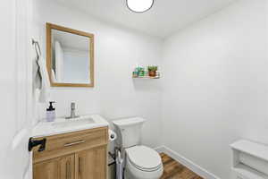 Bathroom featuring dark wood-type flooring and vanity