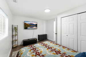 Bedroom with dark wood-type flooring and a closet