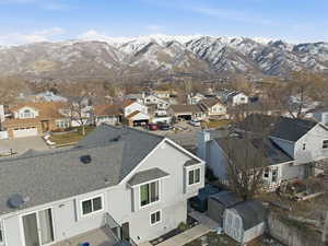 Aerial view of residential area with mountains