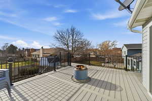 Deck with a residential view and a fire pit
