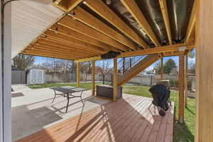 Wooden deck with a storage shed and a fenced backyard