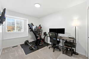 Office area featuring light colored carpet