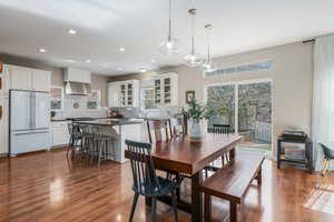 Dining room featuring dark wood finished floors and recessed lighting
