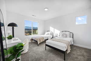 Bedroom featuring a mountain view and carpet