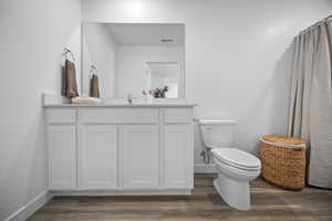 Bathroom with vanity, dark wood-style flooring, and curtained shower