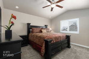 Master Bedroom with light colored carpet, ceiling fan, and recessed lighting