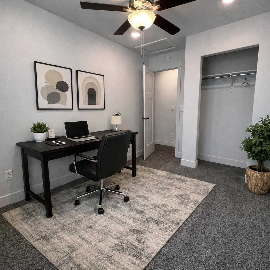 Office with ceiling fan and carpet flooring