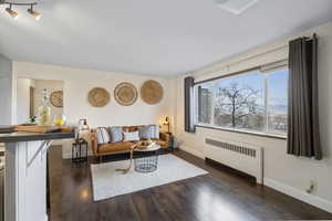 Living room featuring radiator heating unit and dark wood finished floors