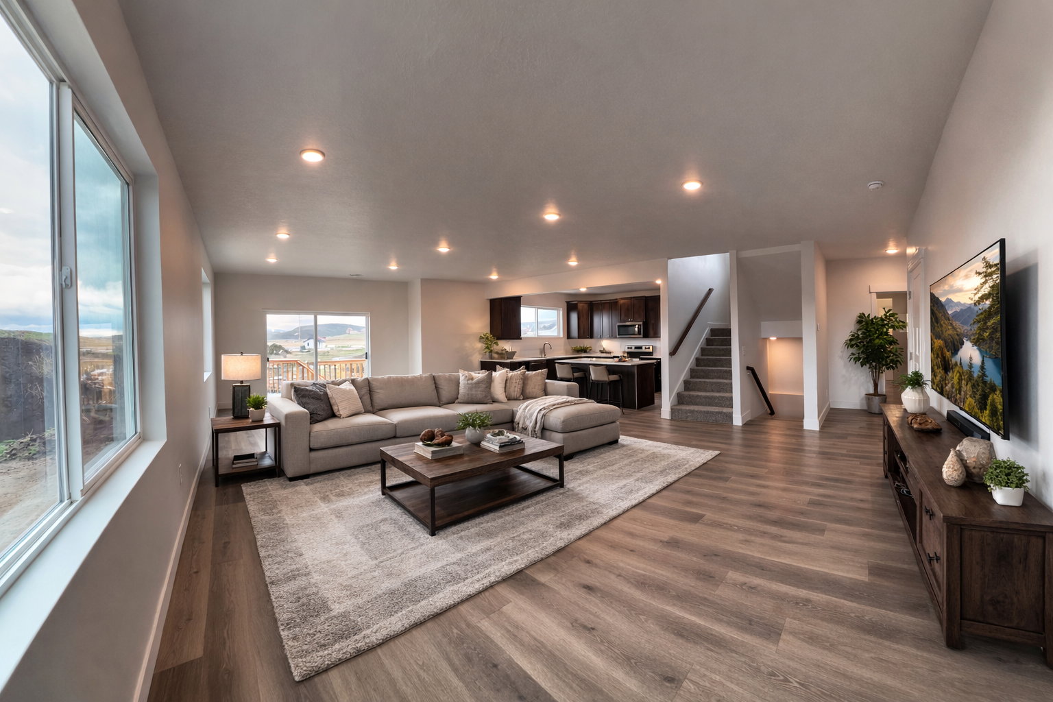 Living room featuring dark wood-style flooring and recessed lighting