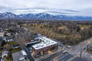 Bird's eye view of a mountainous background