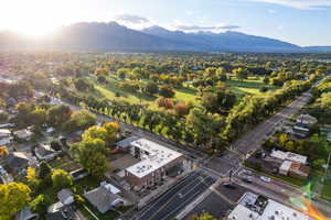 Aerial perspective of suburban area with mountains