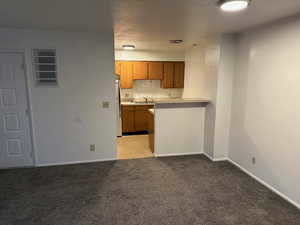 Kitchen with wood finish cabinetry, light countertops, light carpet, a peninsula, and a textured ceiling