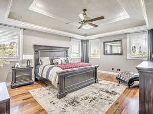 Bedroom featuring crown molding, light wood-style flooring, ceiling fan, and a raised ceiling