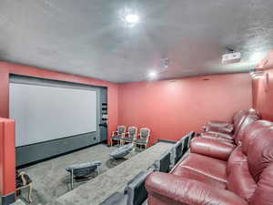 Home theater featuring carpet flooring