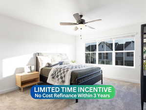 Bedroom featuring light carpet and ceiling fan