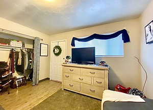 Bedroom with a closet and dark wood-style flooring