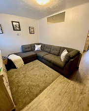 Living room with wood finished floors and a textured ceiling