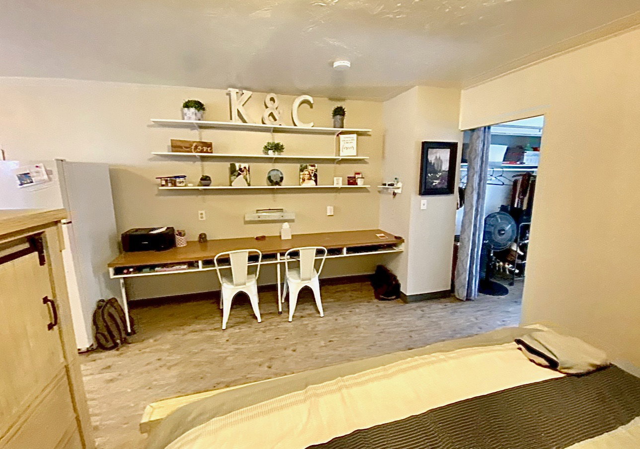 Dining area featuring built in study area