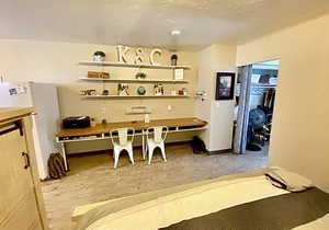 Dining area featuring built in study area