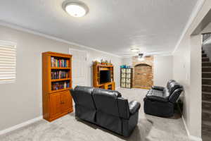 Living area with crown molding, light colored carpet, and a textured ceiling