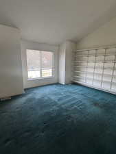 Spare room with dark colored carpet and vaulted ceiling