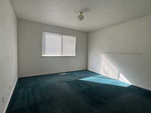 Spare room with dark carpet and a textured ceiling