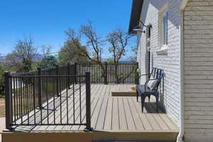 Spacious outdoor deck with composite decking and black metal railings