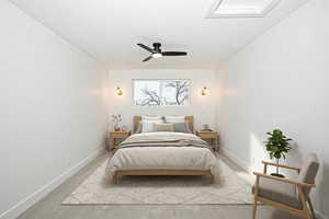 Bedroom with a ceiling fan and light carpet