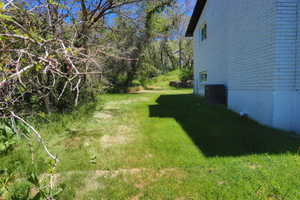 Expansive lawn area bordered by mature trees and natural landscaping