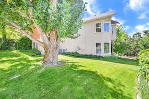 Rear view of house with stucco siding and a lawn