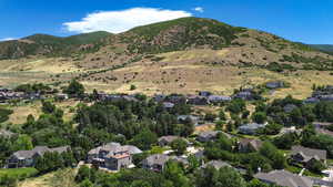 Aerial perspective of suburban area featuring a mountainous background