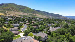 Aerial view of residential area with a mountain backdrop