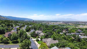 Aerial perspective of suburban area featuring a mountainous background
