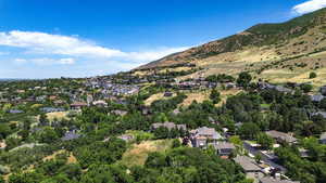 Aerial perspective of suburban area featuring a mountain backdrop